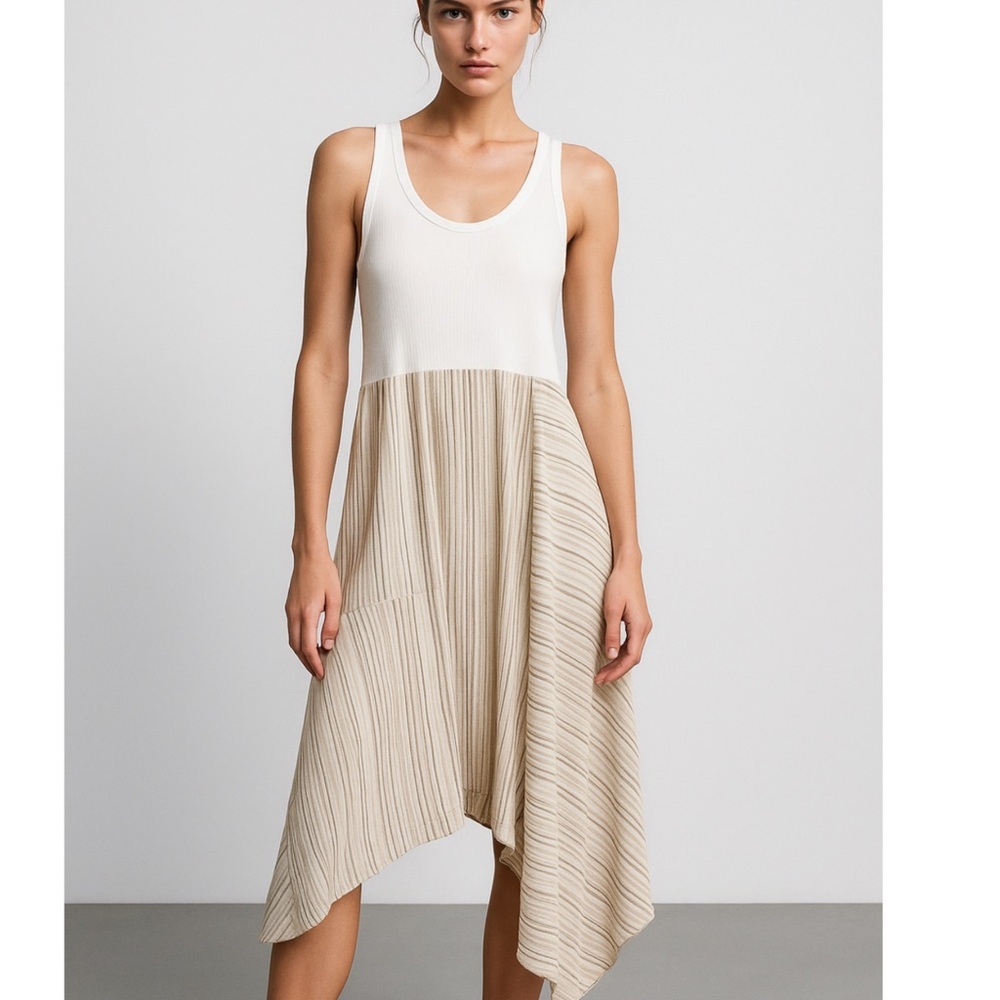New Zara Asymmetric Striped Hem Tank Dress White and Taupe and White